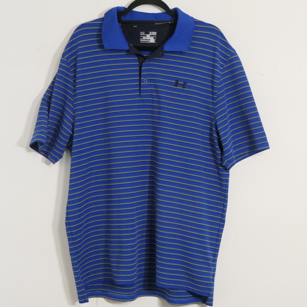 Under Armour Mens Polo XL Blue Striped HeatGear Loose Fit Athleisure 1100530